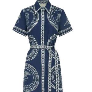 LARGE NAVY BLUE AND WHITE LARGE ICONIC GREEK CIRCLES BUTTON-DOWN MAXI DRESS